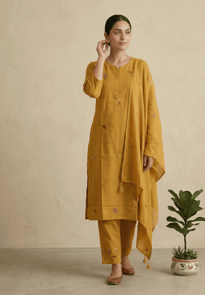Mustard Kesar Slub Cotton Suit set
