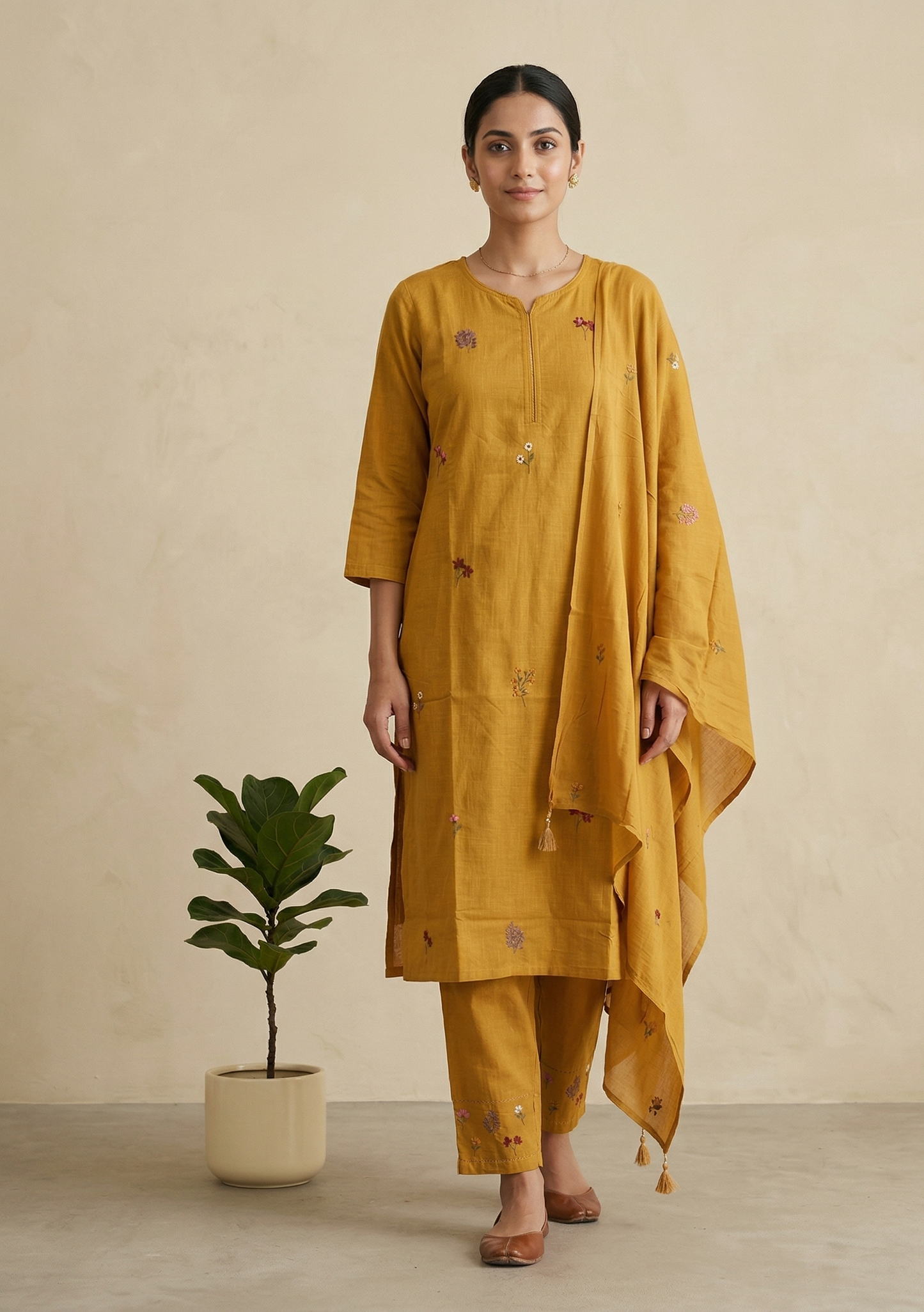 Mustard Kesar Slub Cotton Suit set
