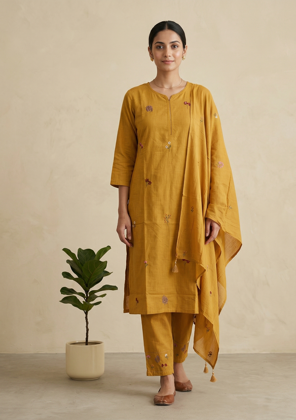 Mustard Kesar Slub Cotton Suit set