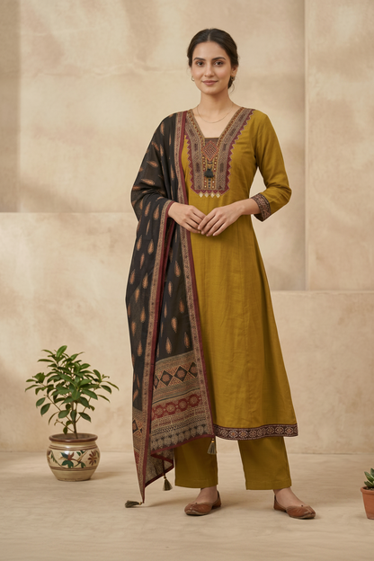 Mustard Green Aza Cotton Anarkali - Set of 3