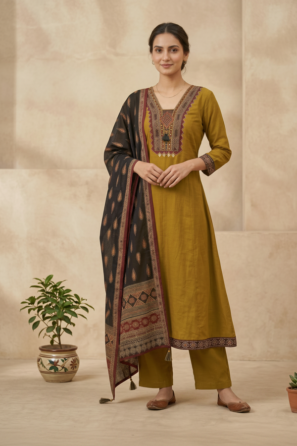 Mustard Green Aza Cotton Anarkali - Set of 3