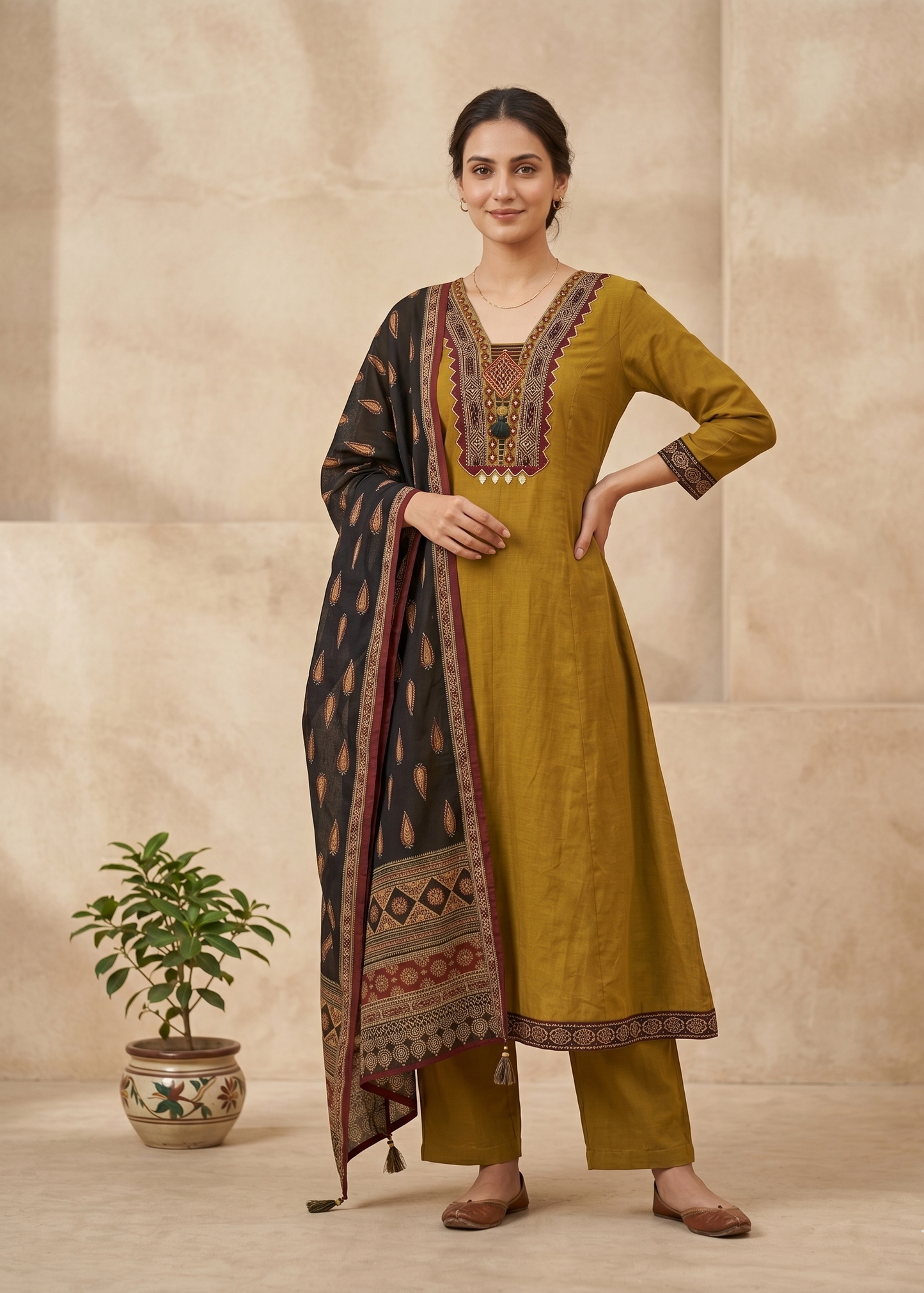 Mustard Green Aza Cotton Anarkali - Set of 3