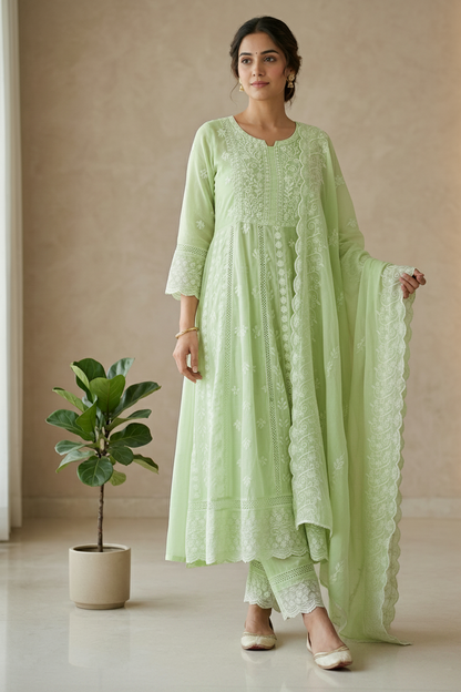 Mysha Mul Cotton Pastel Green Chikankari Anarkali Suit Set