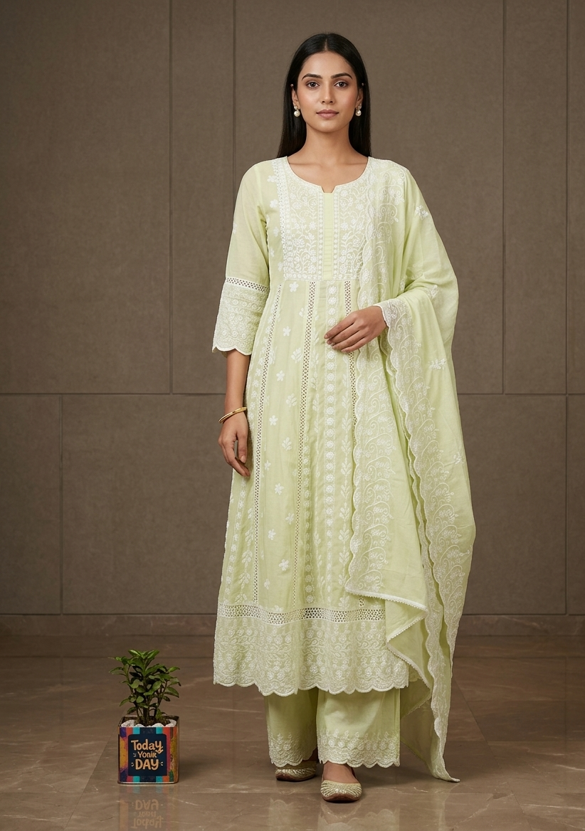 Elegant Pastel Green Mul Cotton Chikankari Anarkali Suit Set with Dupatta