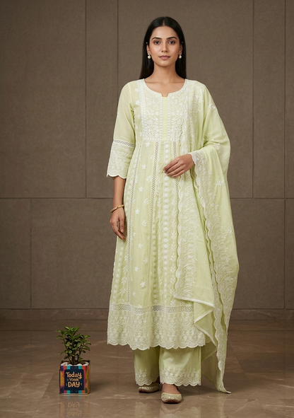 Elegant Pastel Green Mul Cotton Chikankari Anarkali Suit Set with Dupatta