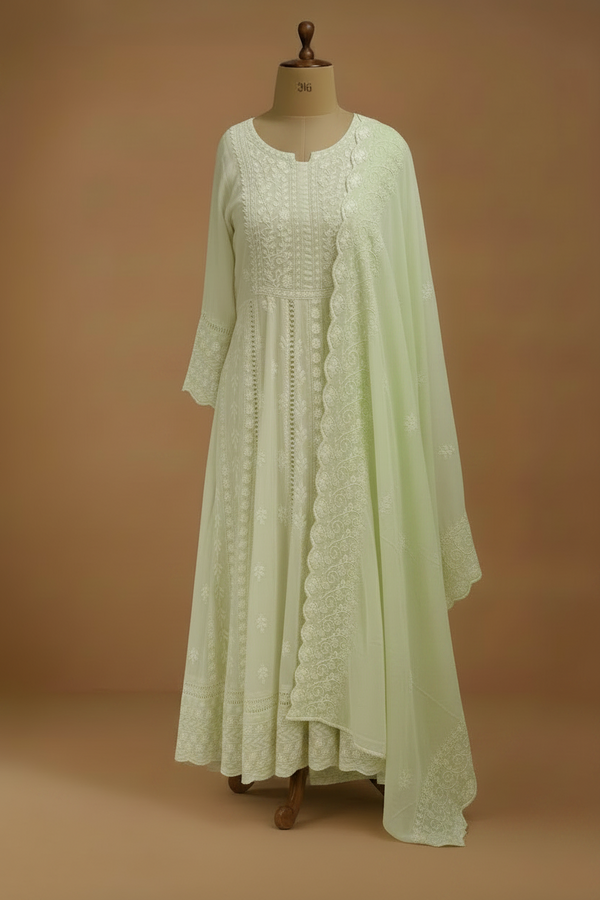 Mysha Mul Cotton Pastel Green Chikankari Anarkali Suit Set