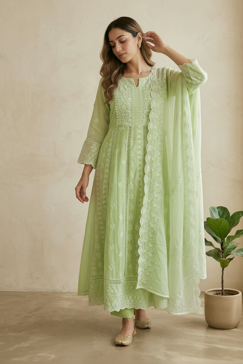 Mysha Mul Cotton Pastel Green Chikankari Anarkali Suit Set