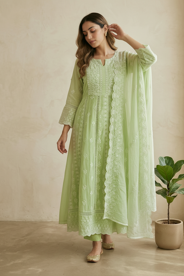 Mysha Mul Cotton Pastel Green Chikankari Anarkali Suit Set