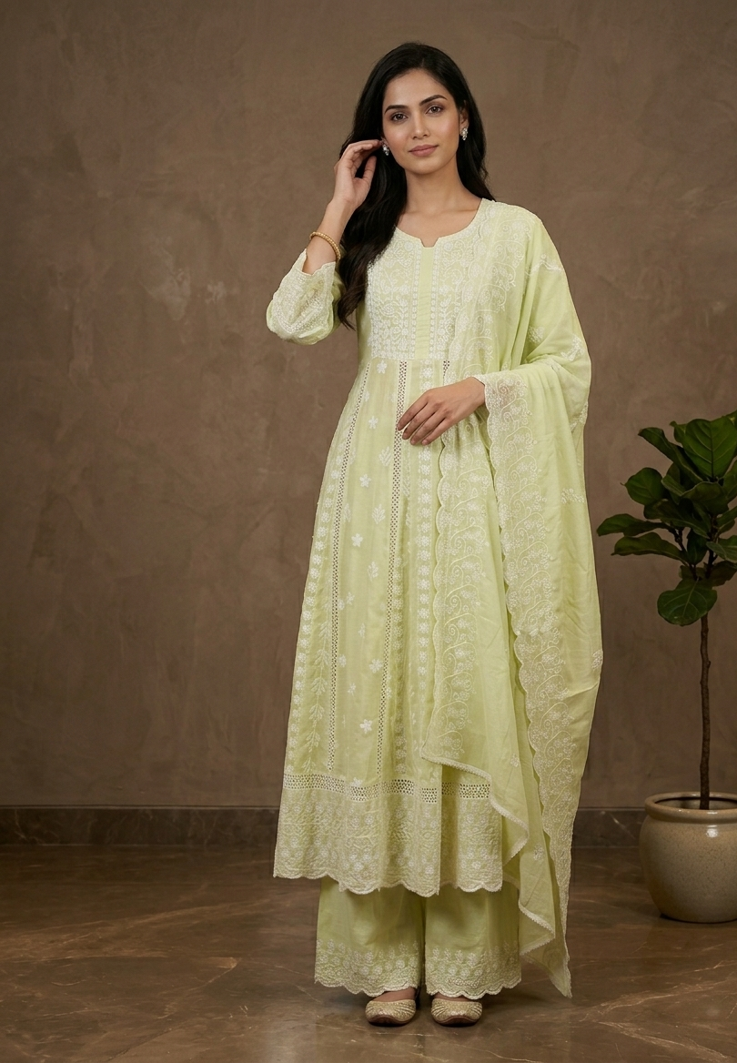 Women’s Pastel Green Mysha Chikankari Anarkali Suit Set in Soft Mul Cotton
