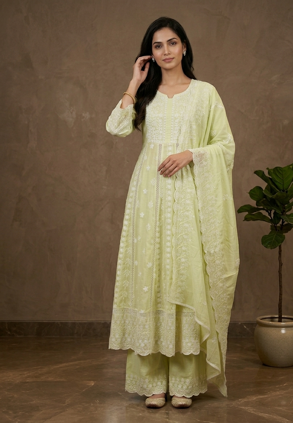 Women’s Pastel Green Mysha Chikankari Anarkali Suit Set in Soft Mul Cotton
