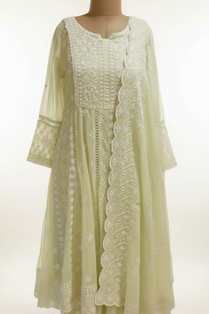 Mysha Mul Cotton Pastel Green Chikankari Anarkali Suit Set