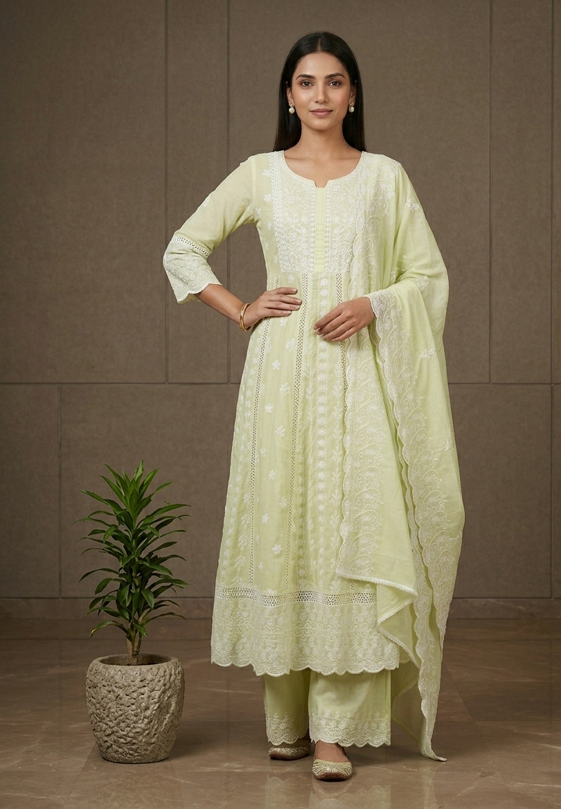 Traditional Pastel Green Chikankari Anarkali Suit Set for Women Ethnic Wear

