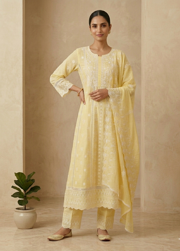Mysha Mul Cotton Pastel Yellow Chikankari Anarkli Suit Set