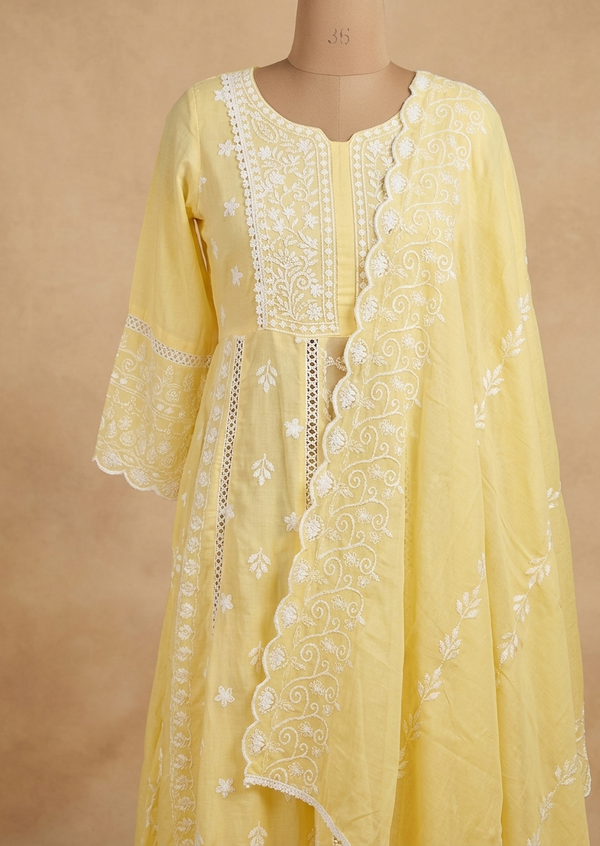 Yellow Mysha Mul Cotton Chikankari Anarkli Suit Set
