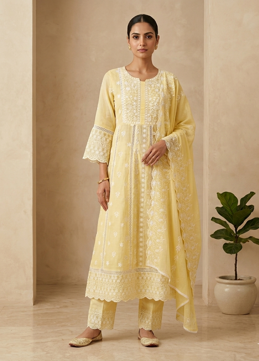 Mysha Mul Cotton Pastel Yellow Chikankari Anarkli Suit Set