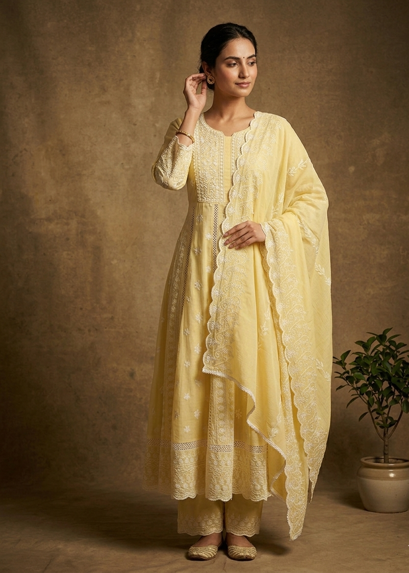 Yellow Mysha Mul Cotton Chikankari Anarkali Suit Set for Women
