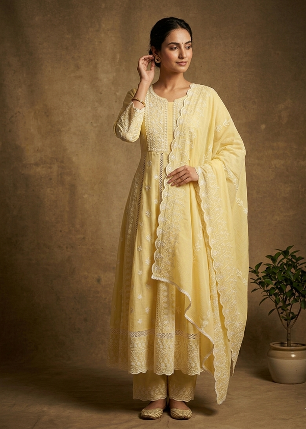 Yellow Mysha Mul Cotton Chikankari Anarkli Suit Set
