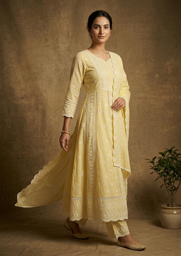 Yellow Mysha Mul Cotton Chikankari Anarkli Suit Set