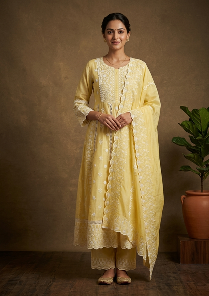 Women’s Yellow Mysha Chikankari Anarkali Suit Set in Soft Mul Cotton