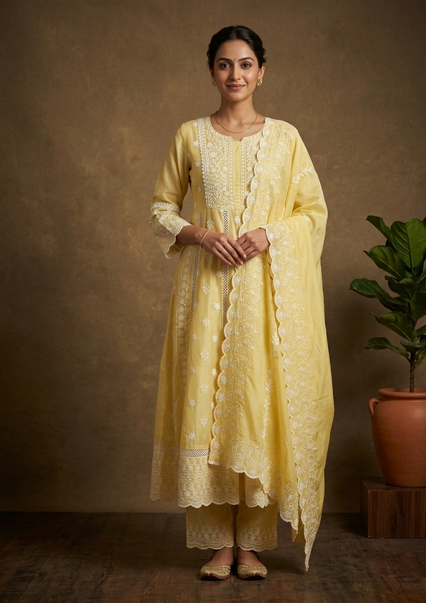 Yellow Mysha Mul Cotton Chikankari Anarkli Suit Set