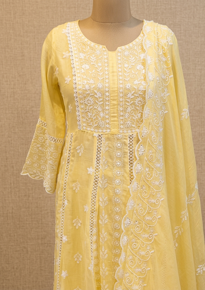 Mysha Mul Cotton Pastel Yellow Chikankari Anarkli Suit Set