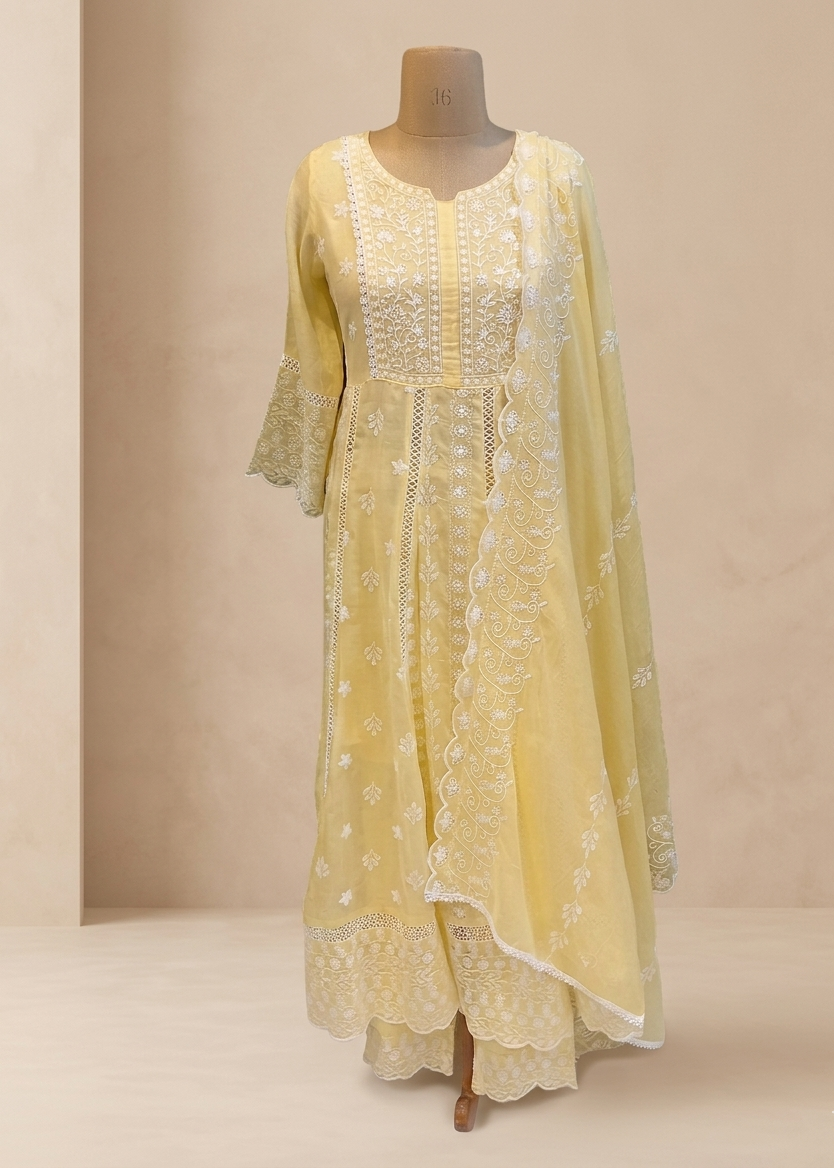 Mysha Mul Cotton Pastel Yellow Chikankari Anarkli Suit Set