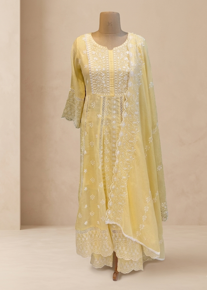 Mysha Mul Cotton Pastel Yellow Chikankari Anarkli Suit Set