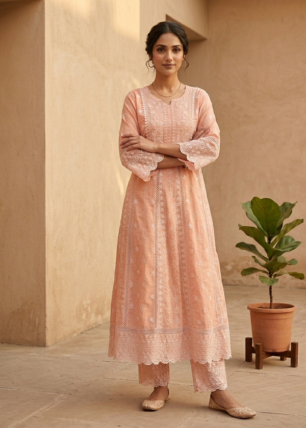 Mysha Mul Cotton Peach Chikankari Anarkali Suit Set