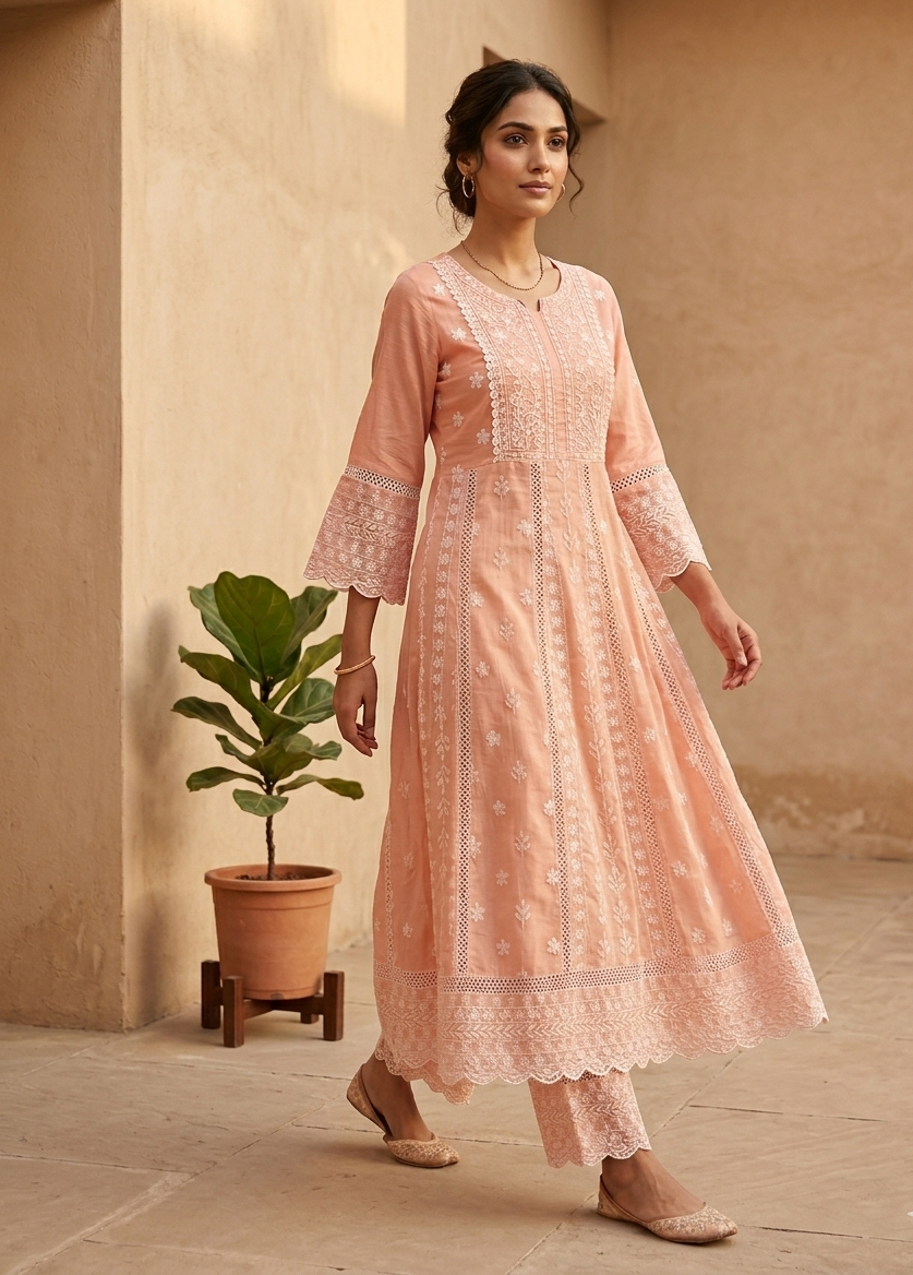 Mysha Mul Cotton Peach Chikankari Anarkali Suit Set
