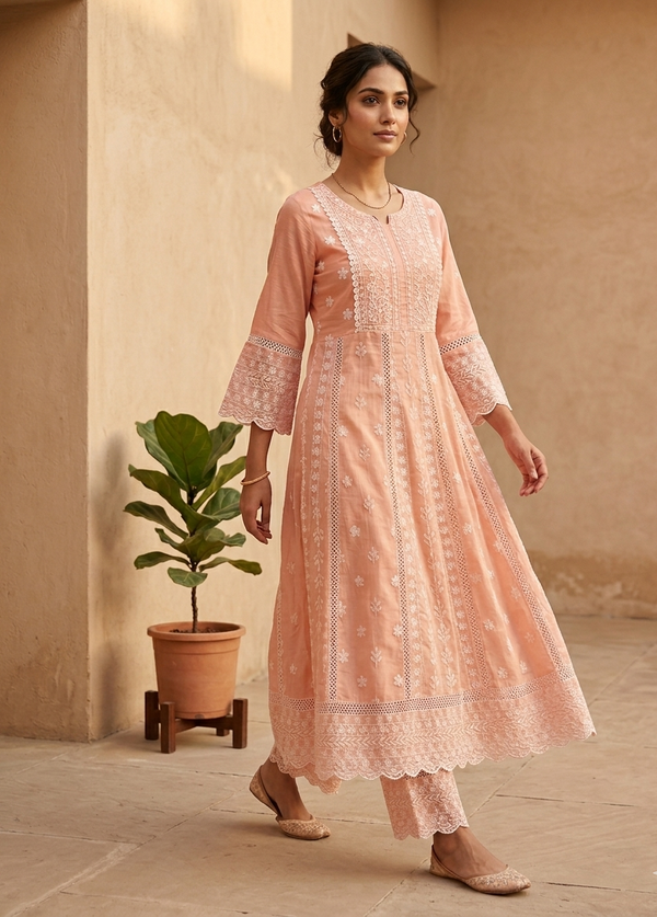 Mysha Mul Cotton Peach Chikankari Anarkali Suit Set