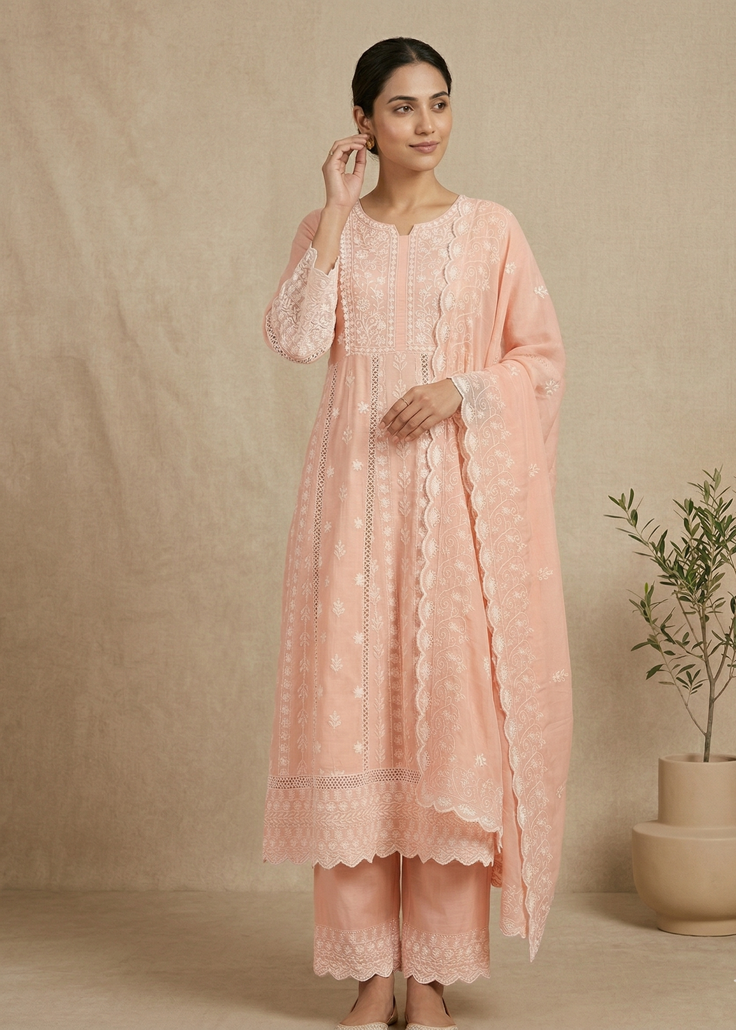 Mysha Mul Cotton Peach Chikankari Anarkali Suit Set
