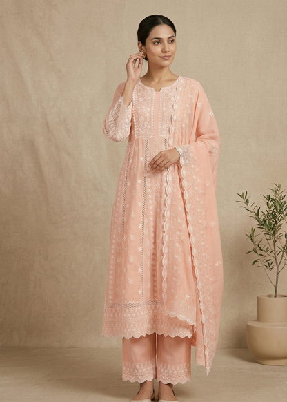Mysha Mul Cotton Peach Chikankari Anarkali Suit Set