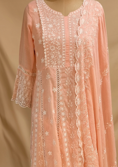 Mysha Mul Cotton Peach Chikankari Anarkali Suit Set