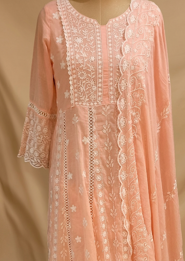 Mysha Mul Cotton Peach Chikankari Anarkali Suit Set