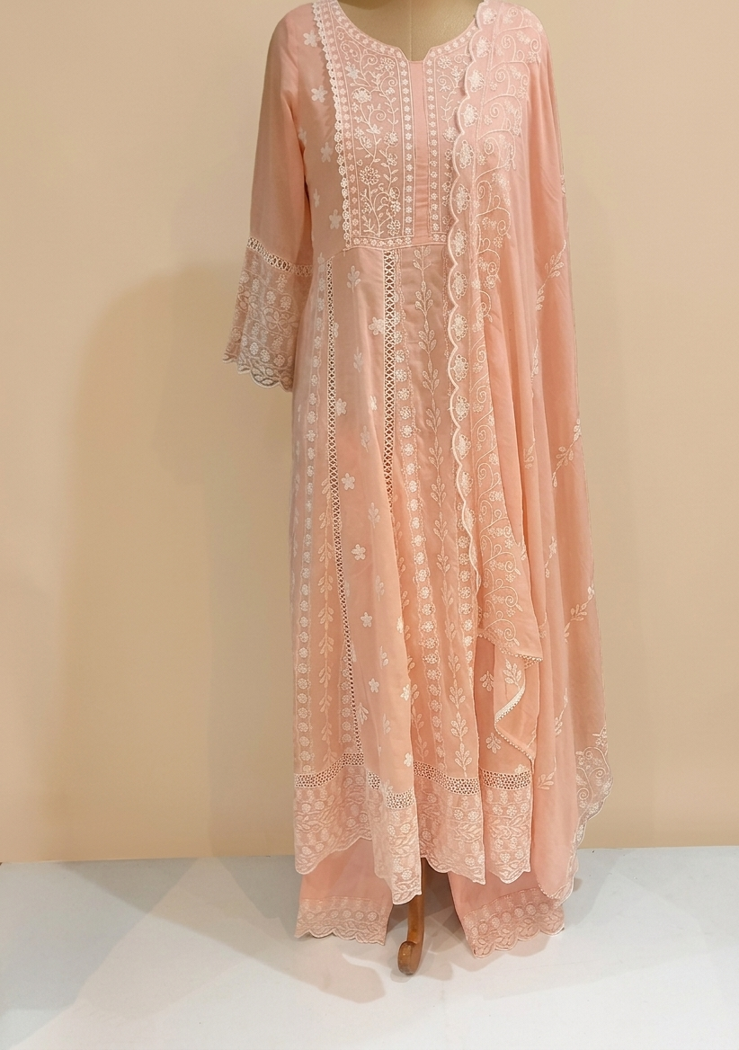 Mysha Mul Cotton Peach Chikankari Anarkali Suit Set