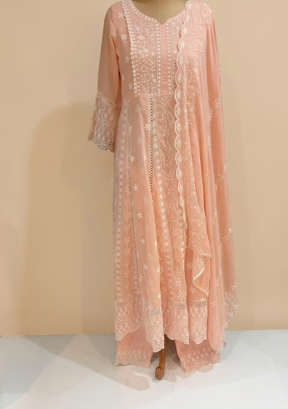 Mysha Mul Cotton Peach Chikankari Anarkali Suit Set