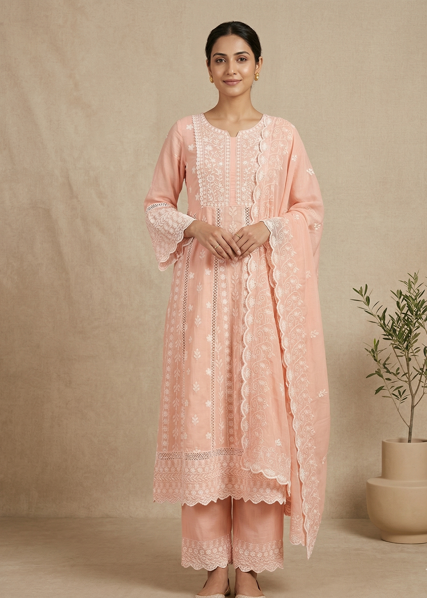 Mysha Mul Cotton Peach Chikankari Anarkali Suit Set