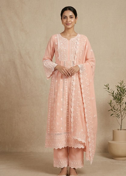 Mysha Mul Cotton Peach Chikankari Anarkali Suit Set