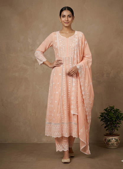 Peach Mysha Mul Cotton Chikankari Anarkali Suit Set for Women