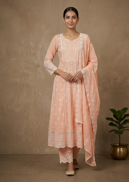 Elegant Peach Mul Cotton Chikankari Anarkali Suit Set with Dupatta