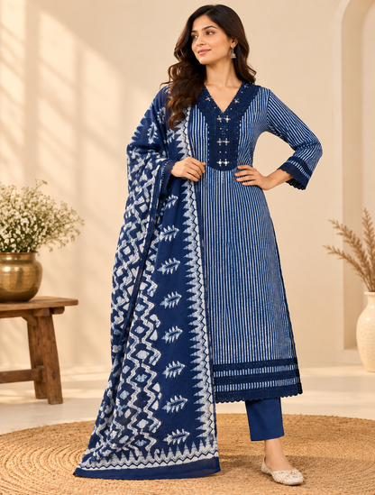 Indigo Laya Shibori Cotton Suit set - Set of 3