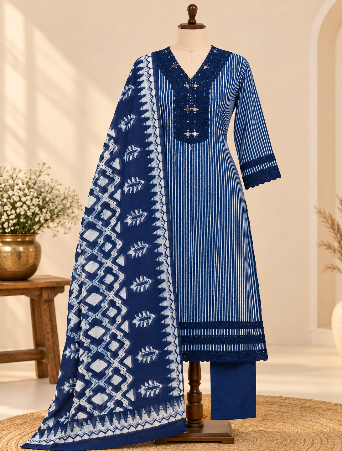 Indigo Laya Shibori Cotton Suit set - Set of 3