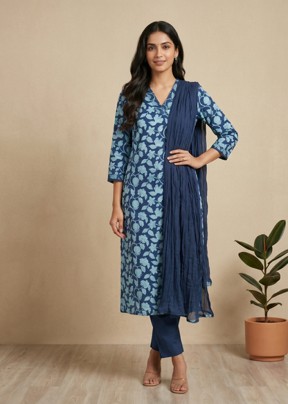 Navy Blue Aachal Cotton Suit set