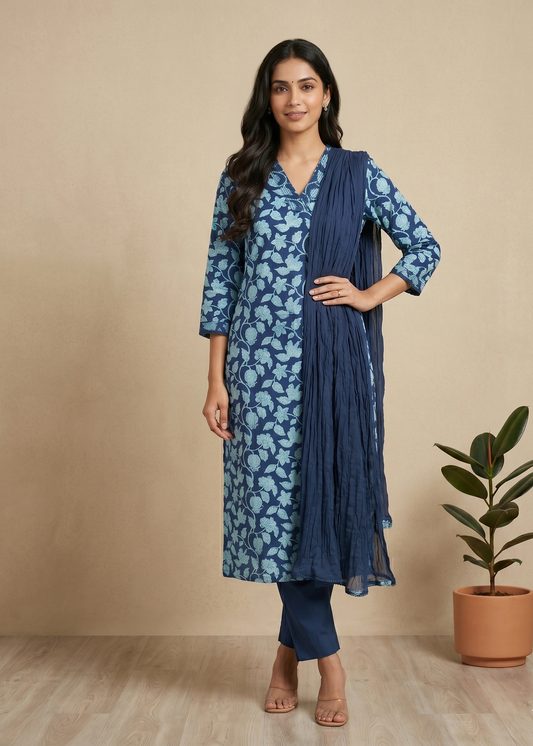 Navy Blue Aachal Cotton Suit set