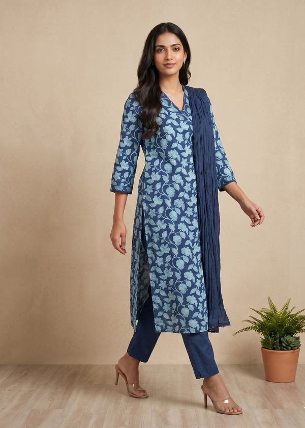 Navy Blue Aachal Cotton Suit set