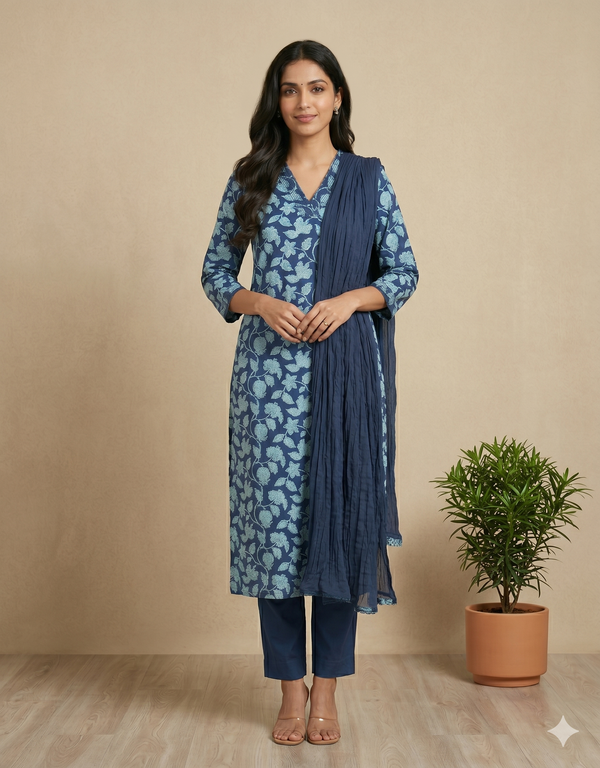 Navy Blue Aachal Cotton Suit set