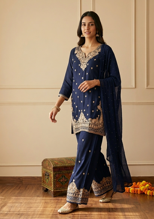 Navy Blue Amina Chinon silk Short Kurta set - set of 3