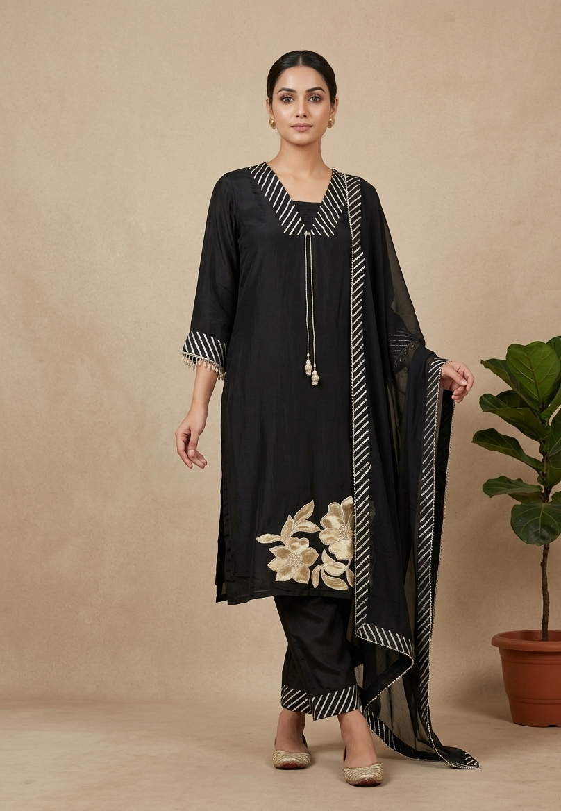 Black Nisa Crepe Silk Suit Set