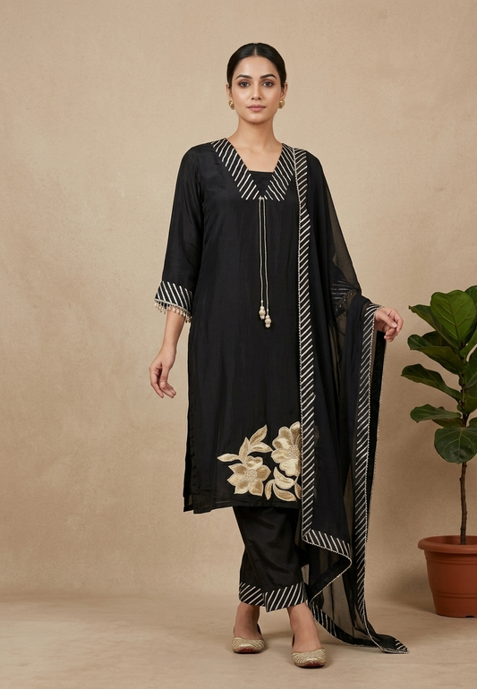 Black Nisa Crepe Silk Suit Set