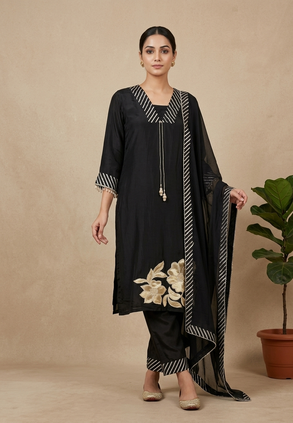 Black Nisa Crepe Silk Suit Set